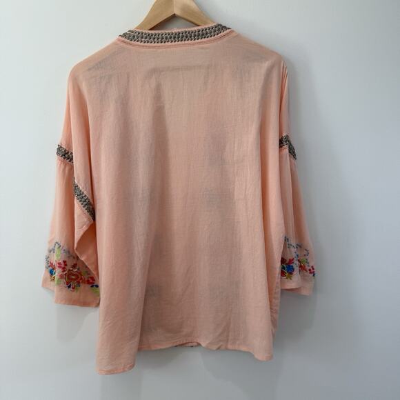 Soft Surroundings Embroidered Beaded Palm Island V-neck Tunic Top Size PXL Peach - Picture 9 of 9